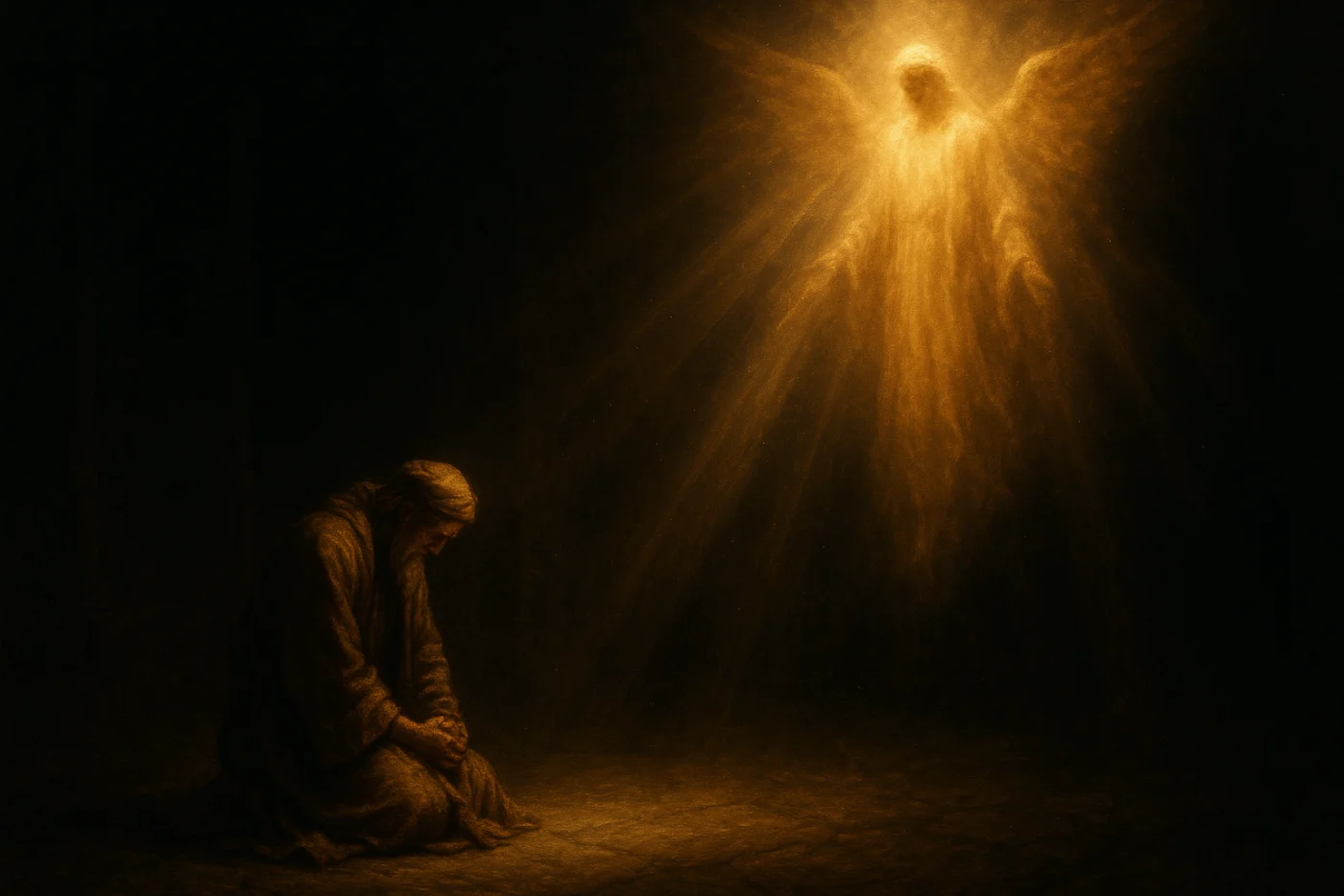 Daniel em oração e o anjo descendo em luz